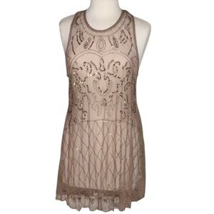 Free People Beaded Sequin Sheer Tunic Mini Dress Nude Blush Mesh Medium
